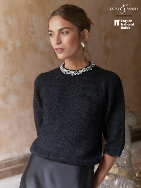 Черный - Love & Roses Jewel Embellished 3/4 Sleeve Jumper (B39379) | €42