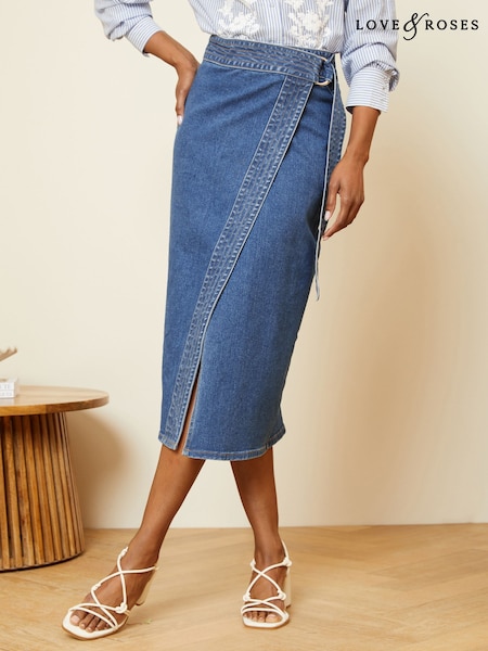 Love & Roses Wrap Denim Midi Skirt (B39393) | 167 LEI