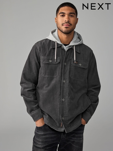 Grey Hooded Corduroy Borg Lined Shacket (B39394) | R$ 690
