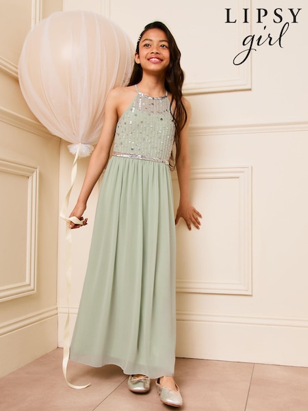 Lipsy Green Strap Maxi Embellished Occasion Dress (7-16yrs) (B39395) | AED133 - AED155