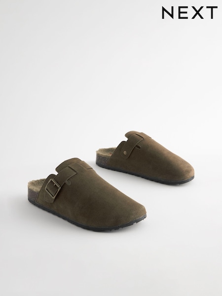 Khaki Green Borg Lined Closed Toe Mules (B39396) | €25