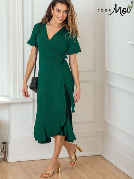 Pour Moi Dark Green Megan Fuller Bust Slinky Jersey Frill Detail Midi Wrap Dress (B39432) | €37