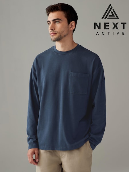 Navy Blue Long Sleeve Garment Dye Heavyweight 100% Cotton T-Shirt (B39481) | €10