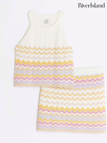 River Island Cream Girls 100% Cotton Chevron Knit Skirt Set (B39525) | €20 - €26