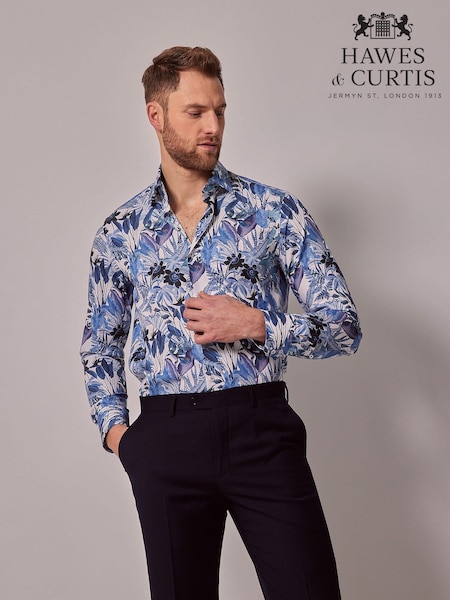 Hawes & Curtis Slim Blue Inverted Diamond Weave Mid Collar 100% Cotton Shirt (B39527) | €43.50