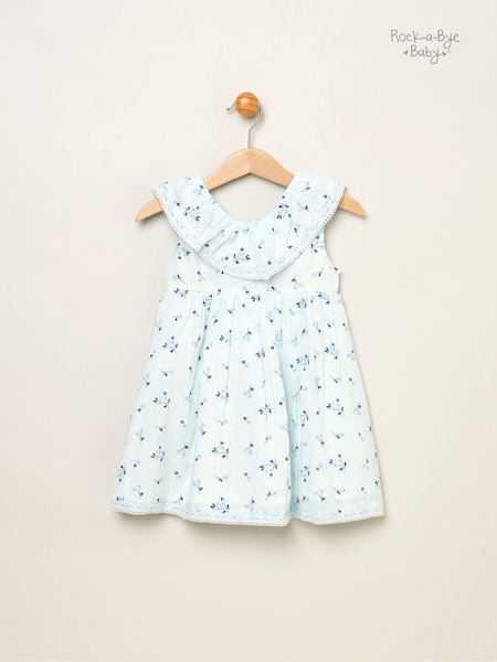 Rock-A-Bye Baby Boutique Blue Floral 100% Cotton Print Frill V-Neck Dress and Headband Outfit Set (B39574) | €27