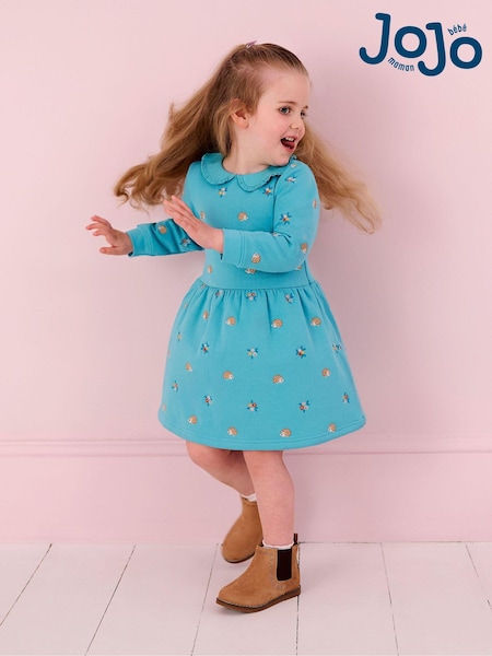 JoJo Maman Bébé Duck Egg Blue Hedgehog Embroidered Sweat Dress With Collar (B39622) | AED160