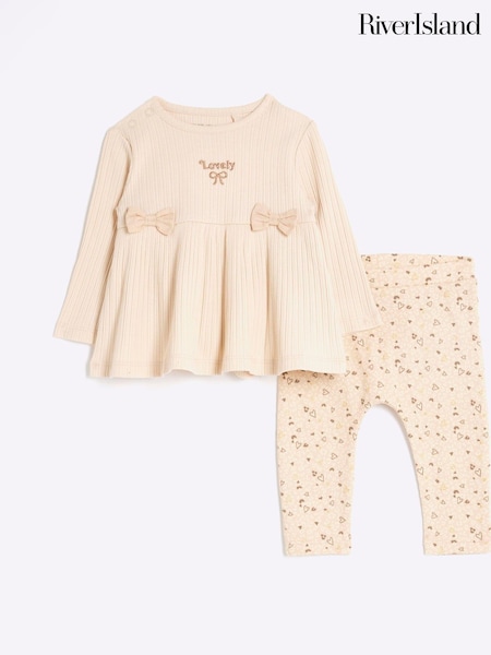 River Island Baby Girls Rib Bows 100% Cotton Top and Leggings Set (B39654) | 15 €