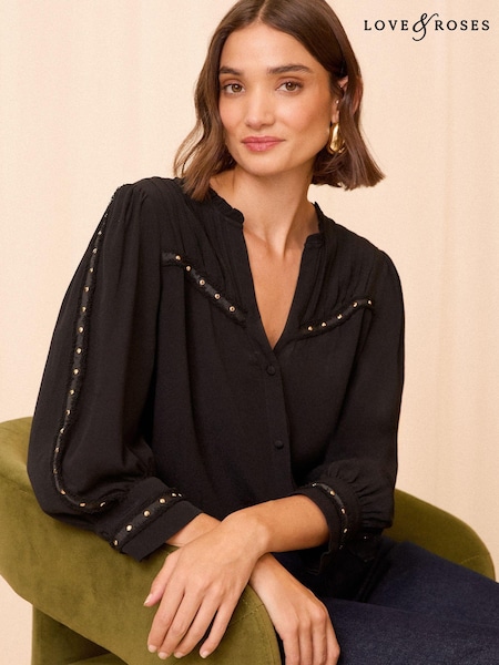 Love & Roses Hardware V Neck Button Through Blouse (B39671) | 158 LEI
