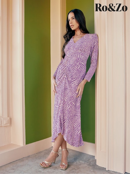 Ro&Zo Purple Geo Print Ruched Front Midi Dress (B39688) | €79