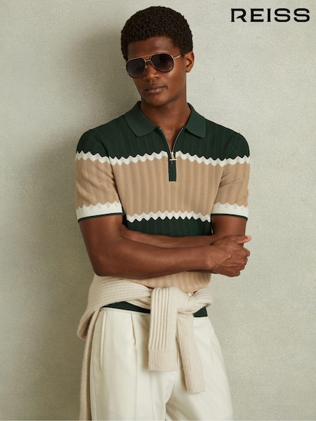 Reiss Forest Green/Light Camel Alton Knitted Zig-Zag Half-Zip Polo Shirt (B39706) | €195