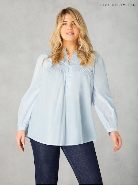 Live Unlimited Blue Curve Cotton Button Front Relaxed Blouse (B39713) | €41.50