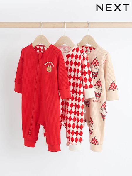 Rot - Baby Christmas Team Rudolph 100% Cotton Sleepsuits 3 Pack (0mths-3yrs) (B39737) | 19 € - 21 €