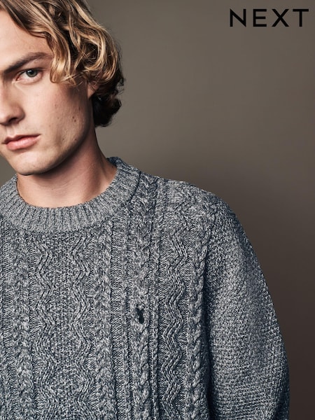 Charcoal Grey Regular Fit Cotton Rich Cable Knit Crew Stag Embroidery Jumper (B39766) | €8