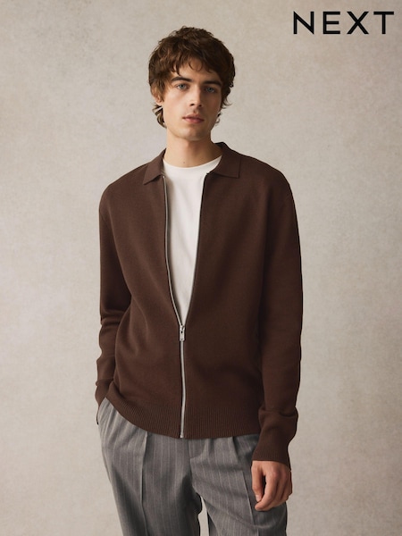 Rdečerjava/rjava - Regular Fit Cotton Rich Knit Zip-Through Shacket (B39825) | € 31