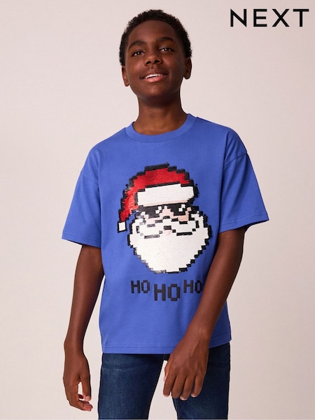 Cobalt Blue Santa Sequin Short Sleeve Christmas 100% Cotton T-Shirt (3-16yrs) (B39845) | AED35 - AED46