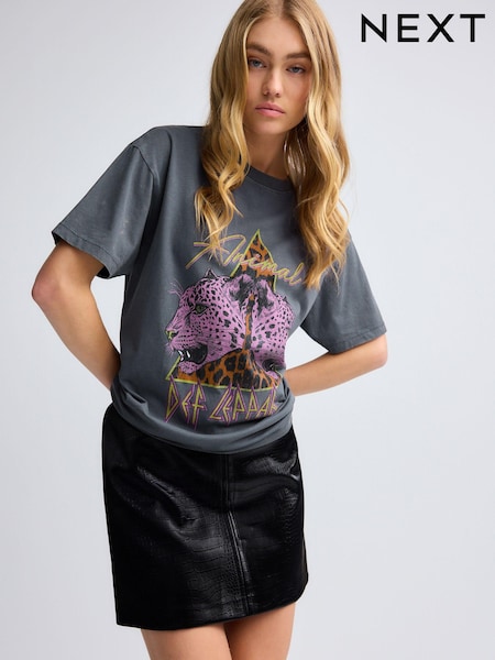Hiilenharmaa - Longline Animal Print Def Leppard Band Graphic 100% Cotton T-Shirt (B39862) | €25