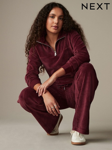 Burgundy Red Velvet Soft Touch Jersey Quarter Zip Co-Ord Sweatshirt (B39881) | €31