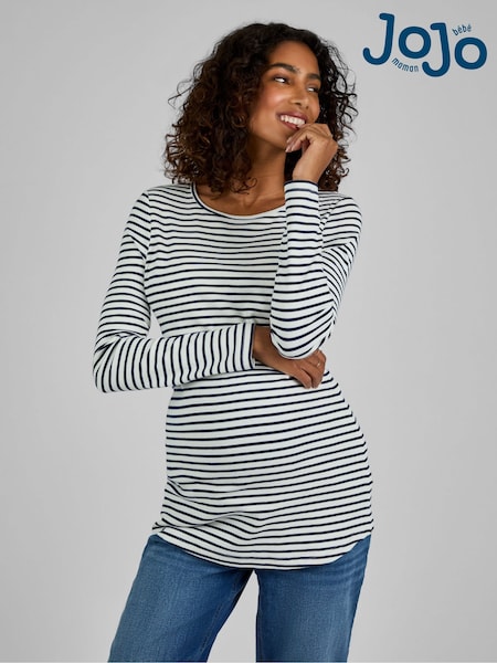 JoJo Maman Bébé Ecru Cream & Black Stripe Ribbed Jersey Maternity & Nursing Top (B39929) | €42