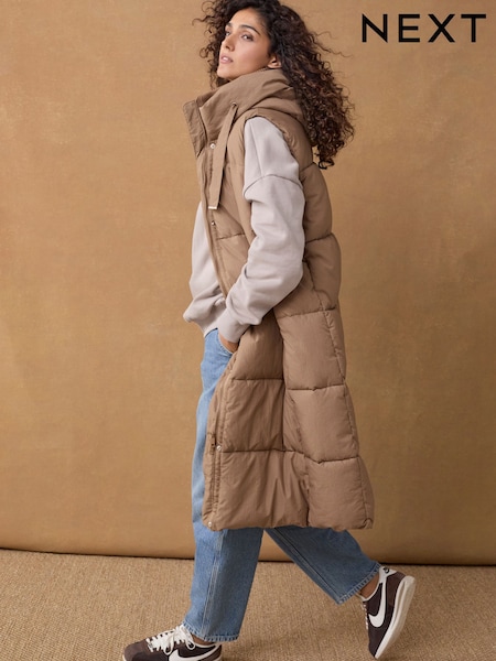 Toffee Brown Shower Resistant Knit Collar Hooded Padded Gilet (B40045) | €23