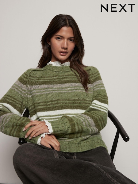 Khaki Green Ruffle Neck Knitted 100% Cotton Jumper (B40047) | €15