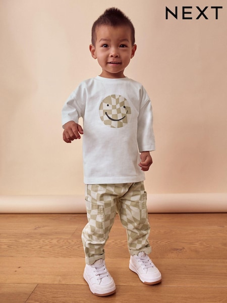 Neutral Checkerboard Trousers and Long Sleeves 100% Cotton T-Shirts Set (3mths-7yrs) (B40159) | €11 - €14
