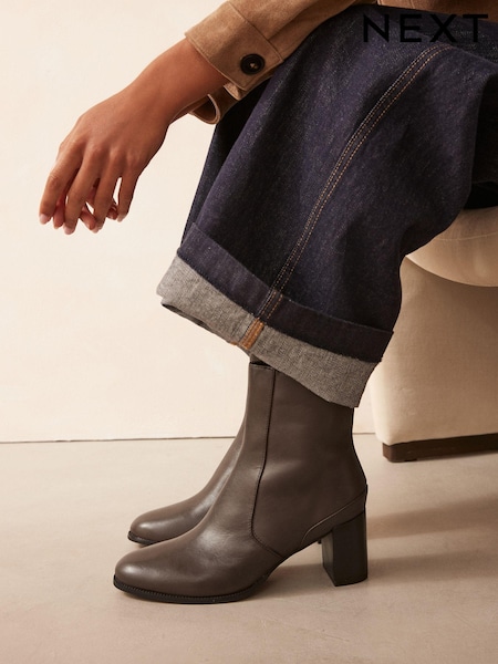 Chocolate Brown Leather Forever Comfort® Leather Ankle Heeled Boots (B40434) | AED191