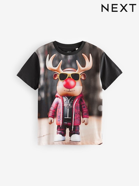 Cool Rudolph Black Short Sleeve Christmas 100% Cotton T-Shirt (3-16yrs) (B40524) | €10 - €14