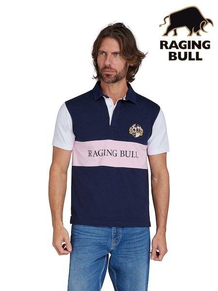 Raging Bull Blue 100% Cotton Short Sleeve Cut & Sew Panel Rugby Shirt (B40539) | €41 - €43.50