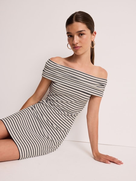 Bleumarin/alb în dungi - Rochie mini de vară Bardot Rib (B40553) | 132 LEI
