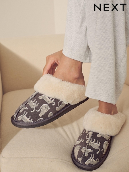 Charcoal Grey Lionel Scion Suede Faux Fur Lined Mule Slippers (B40563) | €12