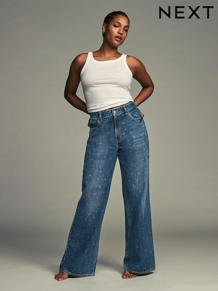 Dark Wash Embellished Wide Leg 100% Cotton Jeans (B40624) | €33.50