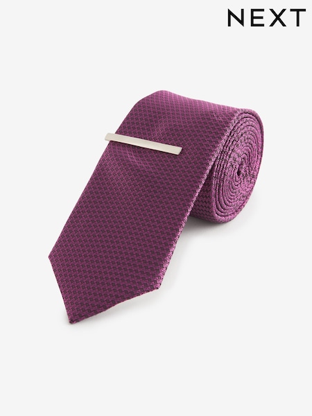 ענבים סגולים - גזרה צרה - Textured Tie And Clip Set (B40628) | ‏48‏₪