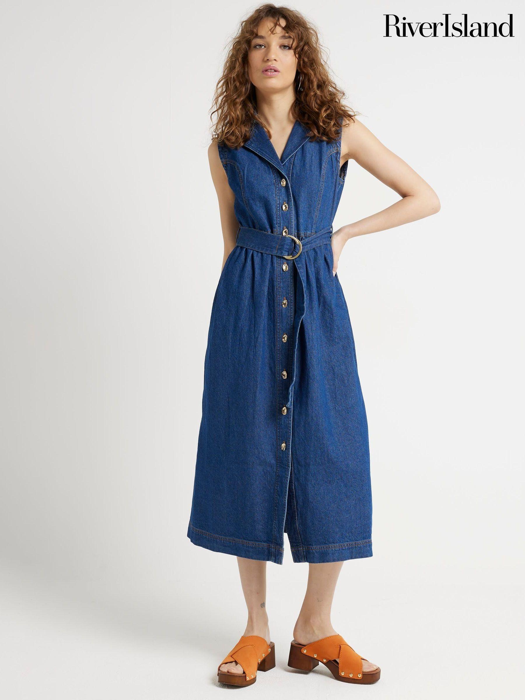 river island blue belted midi denim dress