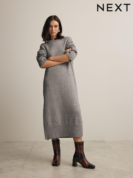 Neutral Brown Mole Relaxed Soft Touch Crew Neck Midi Knitted Jumper Dress (B40730) | $64