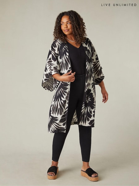 Live Unlimited Black Curve Leaf Print Textured Kimono Jacket (B40808) | €46