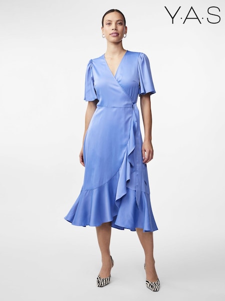 Y.A.S Blue Satin Wrap Ruffle Dress (B40857) | €80