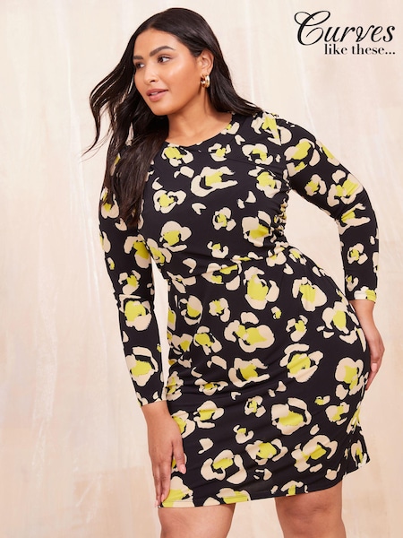 Curves Like These Black Animal Printed Long Sleeve Jersey Mini Dress (B40891) | €33