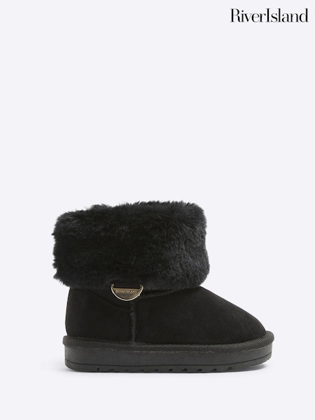 River Island Black Suedette Girls Faux Fur Lined Boots (B40910) | AED102
