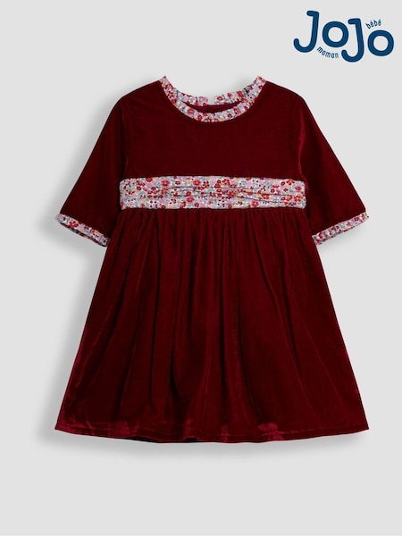 JoJo Maman Bébé Red Floral Peter Pan Collar Velvet Party Dress (B41000) | €67 - €77
