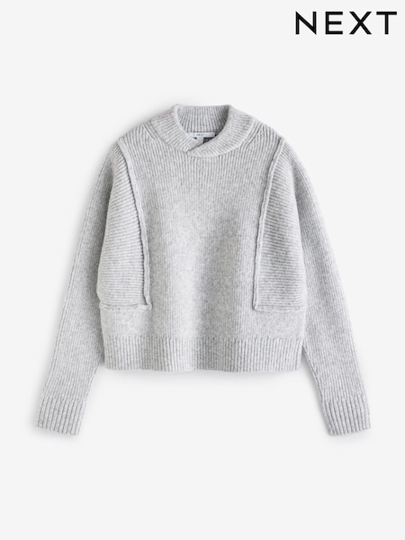 Grey Seam Detail Wrap Neck Rib Knitted Jumper (B41004) | AED111