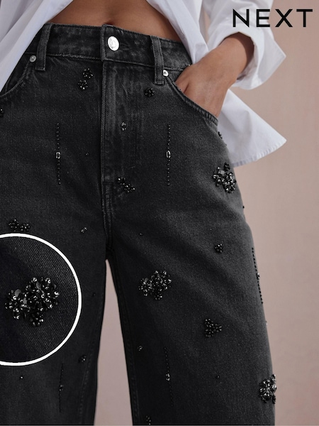 Black Hand Embellished Barrel Denim 100% Cotton Jeans (B41038) | €76