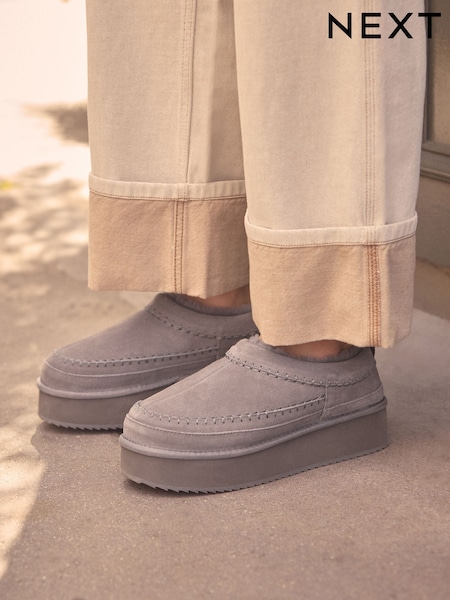 Grey Forever Comfort® Leather Cosy Borg Lined Slip-On Shoes (B41072) | AED88