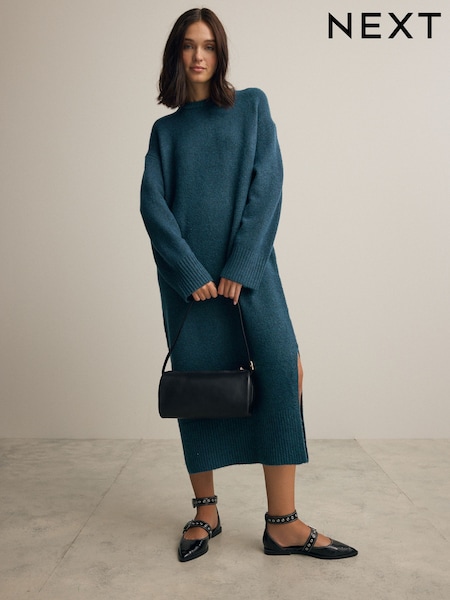 Blue Teal Relaxed Soft Touch Crew Neck Midi Knitted Jumper Dress (B41262) | €24