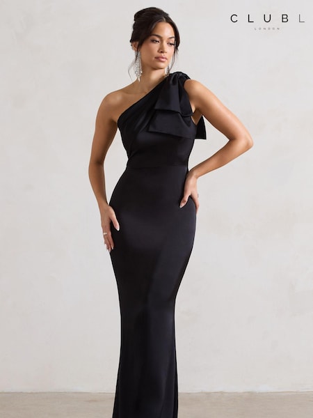 Club L London Black Lady Satin Asymmetric Maxi Dress With Bow (B41263) | €170
