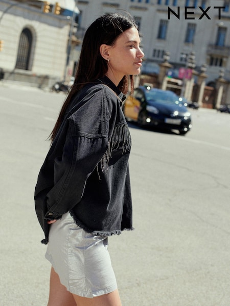Model negru prespălat - Denim ornamentat cu franjuri 100% Bumbac Cămăși (B41296) | 208 LEI