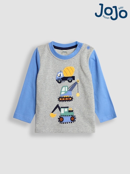 JoJo Maman Bébé Grey Marl Construction Vehicle Appliqué Motif Top (B41325) | €29