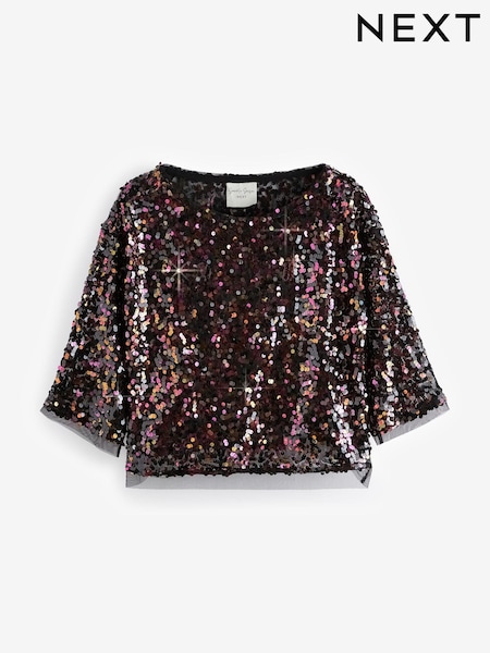 Schwarz und Pink - Sequin Quarter Sleeve Mesh Top (B41442) | 12 €