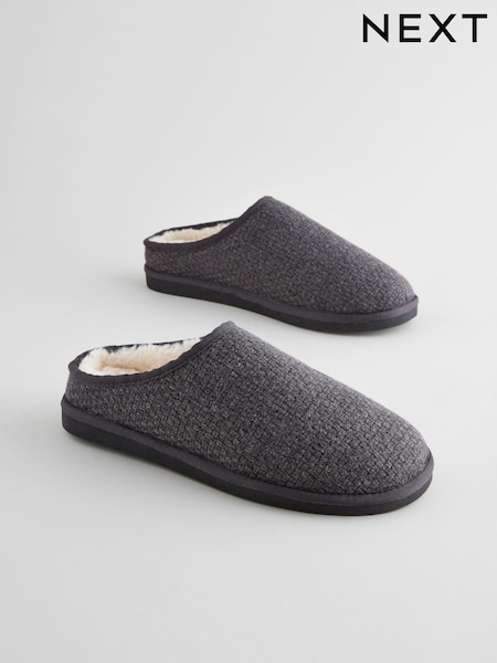 Charcoal Grey Faux Fur Lined Textured Mule Slippers (B41476) | €11.50