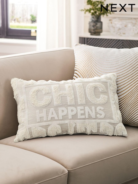 White Chic Happens Slogan Cut Velvet Cushion (B41537) | €15